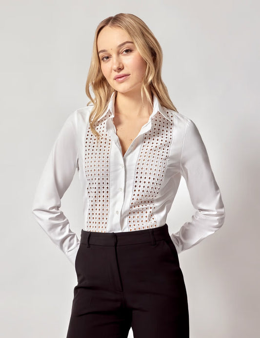 Londaris White Cotton Broderie Panel Boutique Long Sleeve Shirt