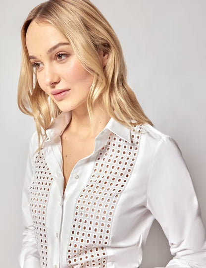 Londaris White Cotton Broderie Panel Boutique Long Sleeve Shirt