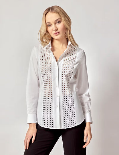 Londaris White Cotton Broderie Panel Boutique Long Sleeve Shirt