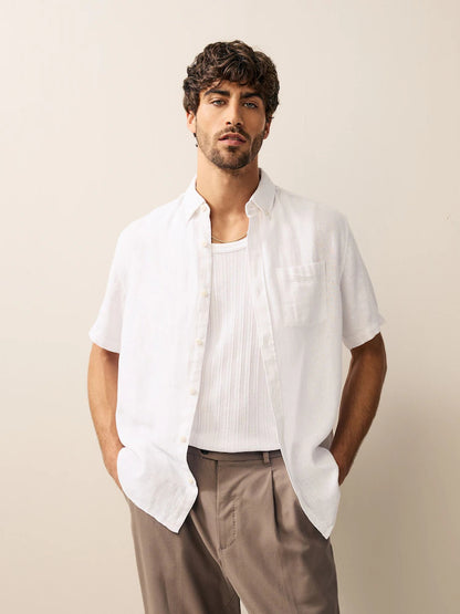 Londaris White Standard Collar Cotton Linen Blend Short Sleeve Shirt