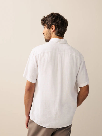 Londaris White Standard Collar Cotton Linen Blend Short Sleeve Shirt