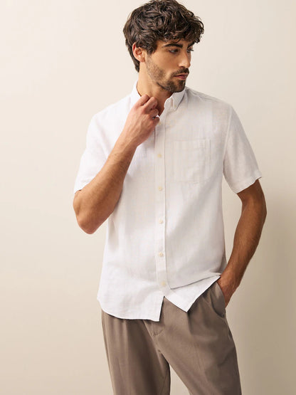 Londaris White Standard Collar Cotton Linen Blend Short Sleeve Shirt
