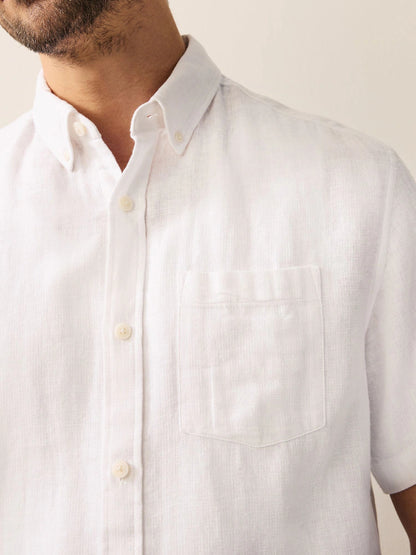 Londaris White Standard Collar Cotton Linen Blend Short Sleeve Shirt