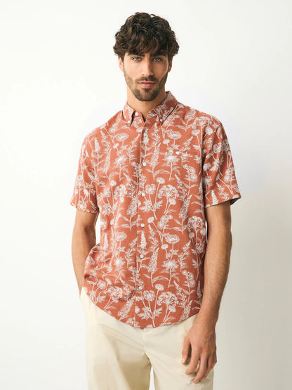 Londaris Rust Red 100% Cotton Textured Floral Print Short Sleeve Shirt