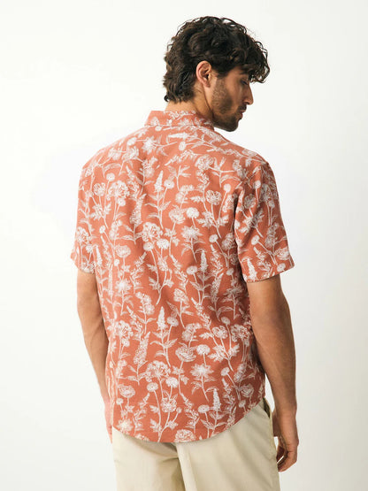 Londaris Rust Red 100% Cotton Textured Floral Print Short Sleeve Shirt