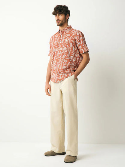 Londaris Rust Red 100% Cotton Textured Floral Print Short Sleeve Shirt