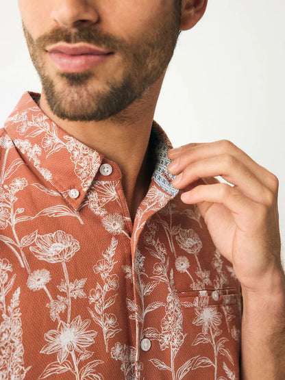 Londaris Rust Red 100% Cotton Textured Floral Print Short Sleeve Shirt