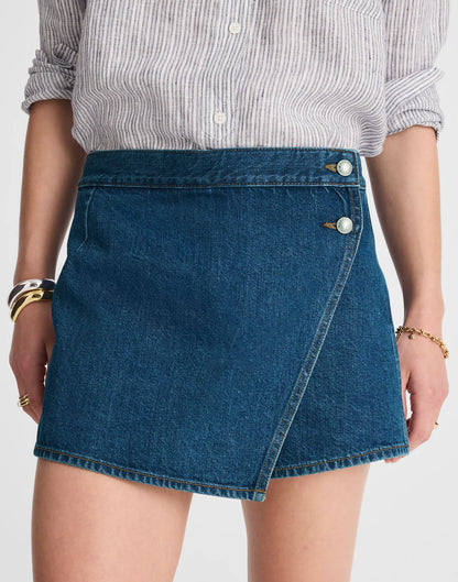 Denim Wrap Mini Skort in Lambertville Wash